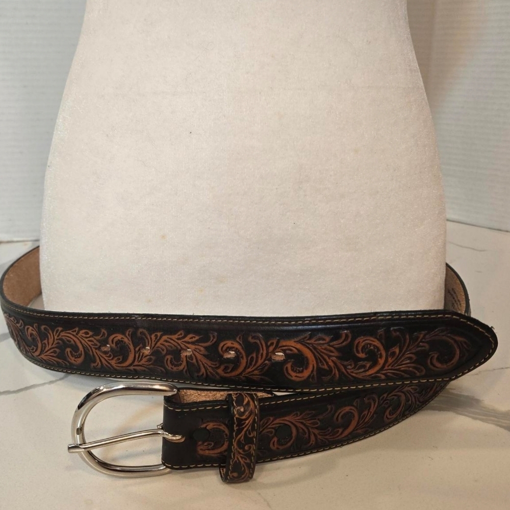 Tony Lama Western Boho Tooled Leather Belt Made In The Usa Brown Size 42 XL